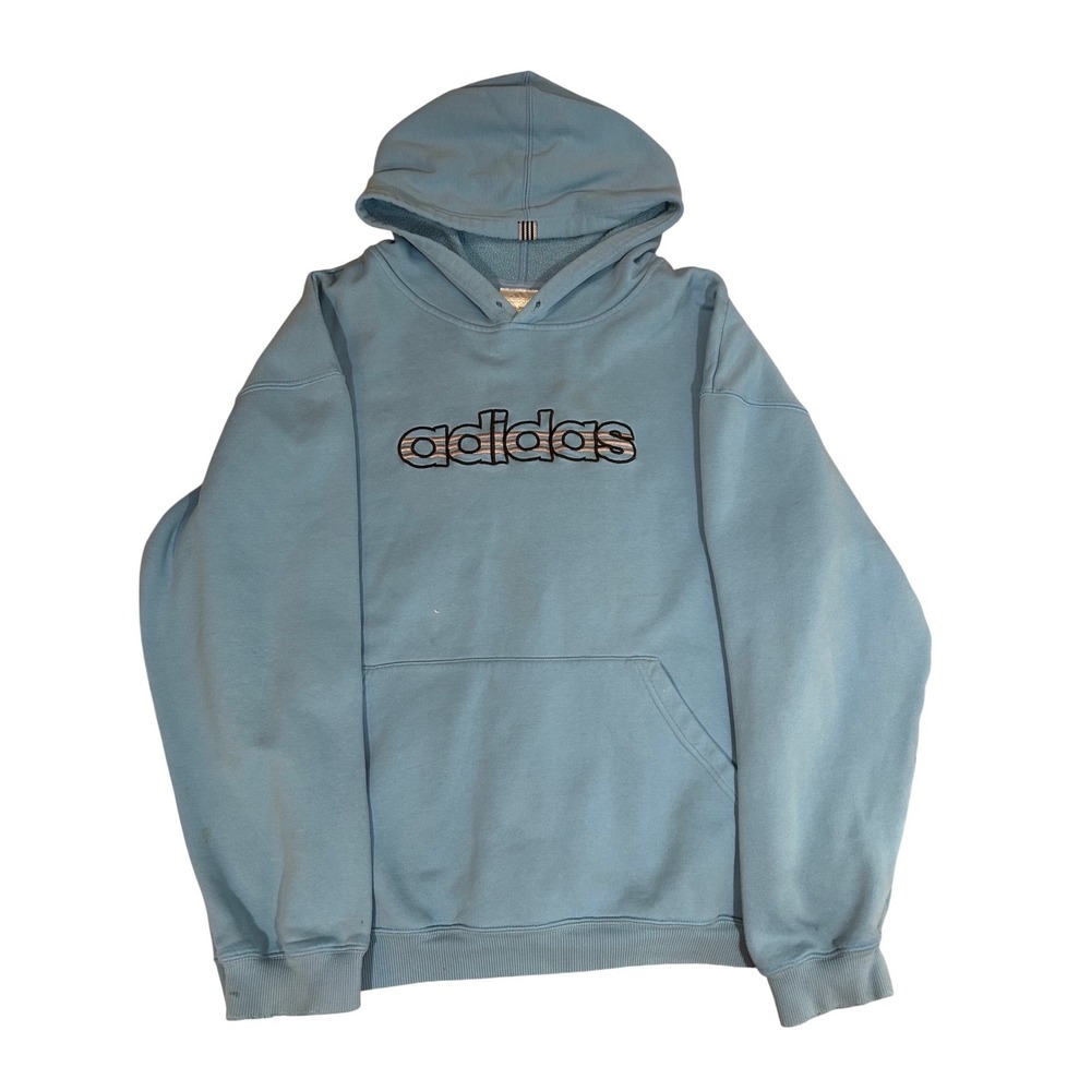 Y2K VTG Adidas Hoodie Light Blue Pullover Graphic Hooded Sweatshirt Men‎ Large